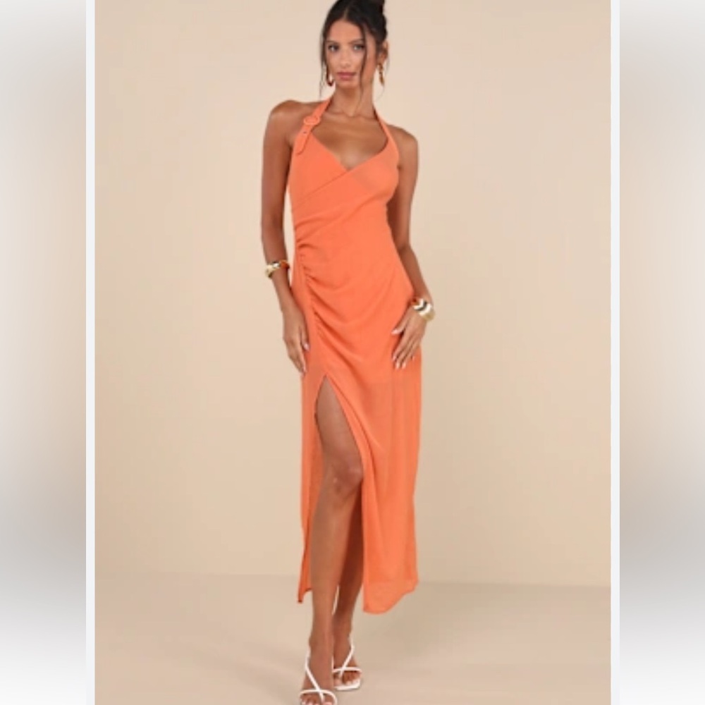 Lulu's Trending Sunny Orange Ruched Halter Buckle Strap Midi Dress Size M New